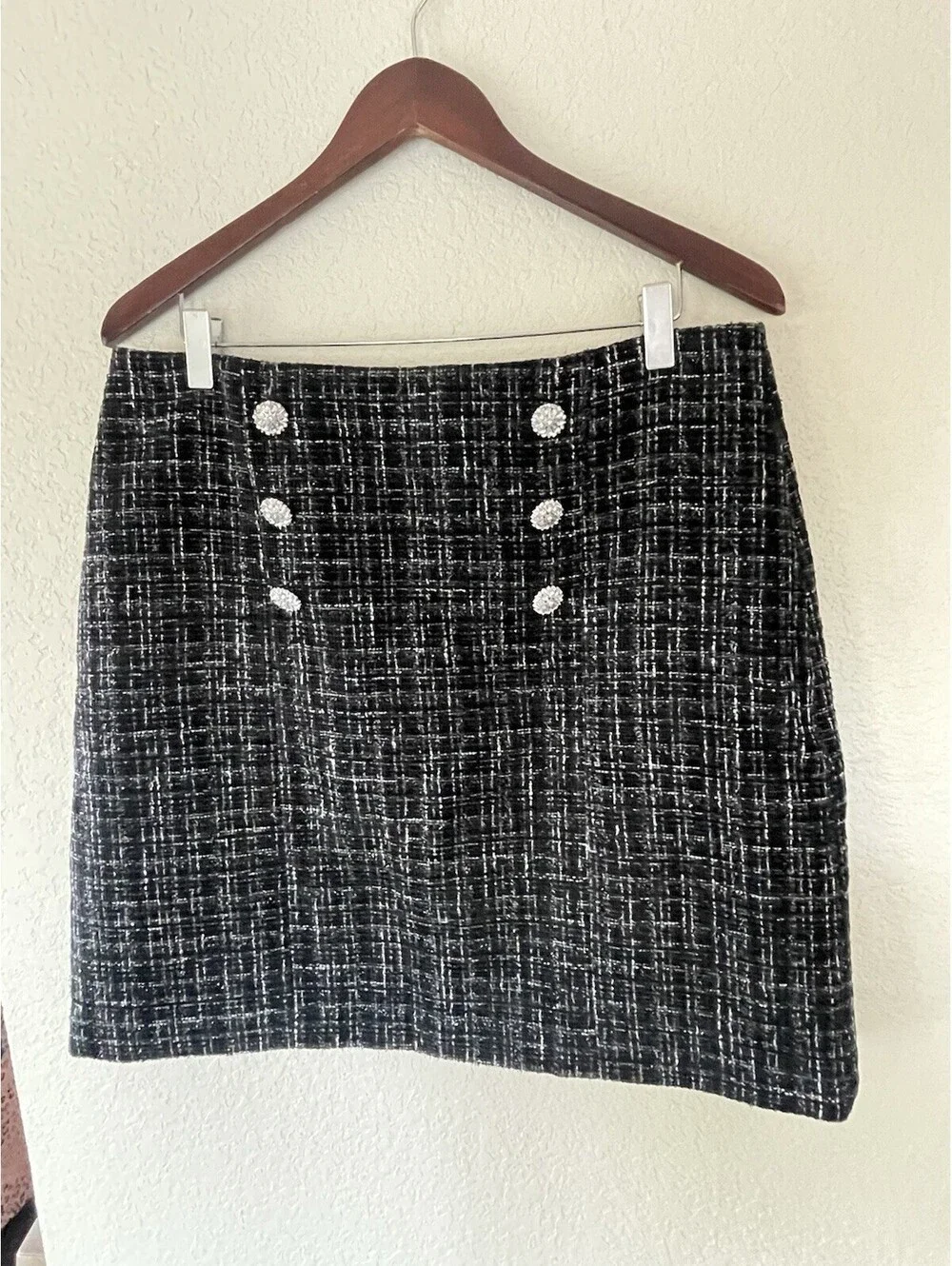Karl Lagerfeld Paris Women's Black Tweed Mini Skirt With Embellished Buttons